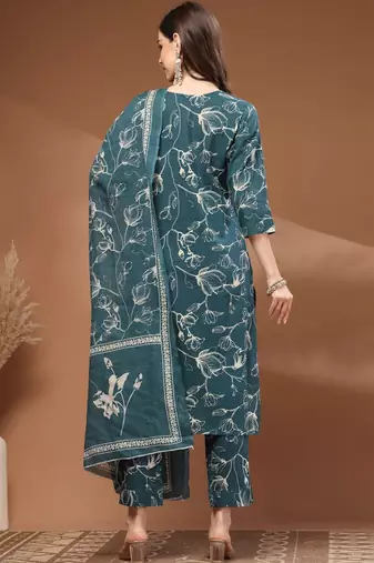 Womens teal self design cotton fabric kurta set 3/4 sleeves round neck