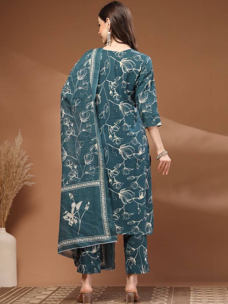 Womens teal self design cotton fabric kurta set 3/4 sleeves round neck