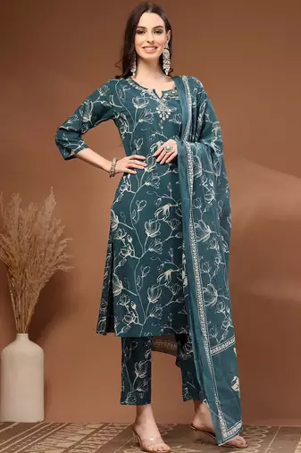 Womens teal self design cotton fabric kurta set 3/4 sleeves round neck