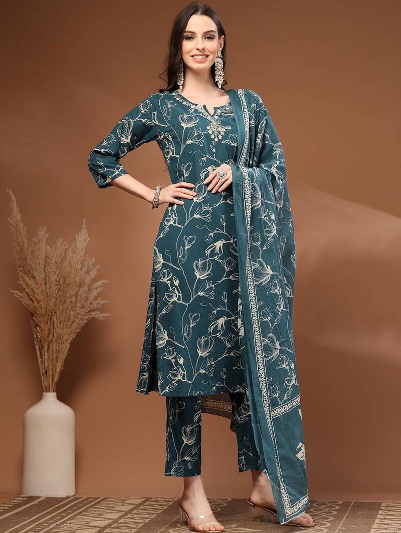 Womens teal self design cotton fabric kurta set 3/4 sleeves round neck