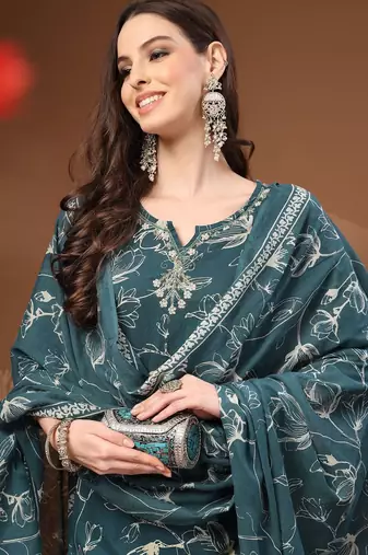 Womens teal self design cotton fabric kurta set 3/4 sleeves round neck
