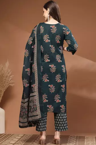Womens green self design cotton fabric kurta set 3/4 sleeves round neck