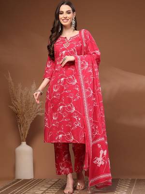 Womens pink self design cotton fabric kurta set 3/4 sleeves round neck 1