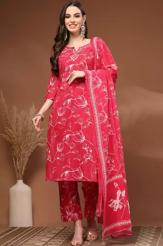 Womens pink self design cotton fabric kurta set 3/4 sleeves round neck