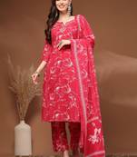 Womens pink self design cotton fabric kurta set 3/4 sleeves round neck