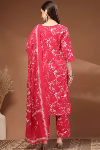 Womens pink self design cotton fabric kurta set 3/4 sleeves round neck