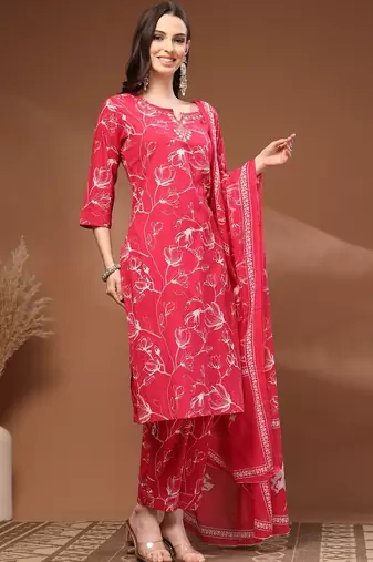 Womens pink self design cotton fabric kurta set 3/4 sleeves round neck