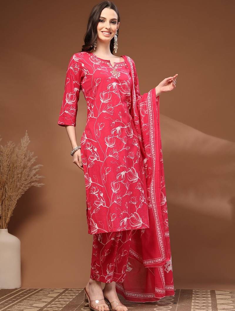 Womens pink self design cotton fabric kurta set 3/4 sleeves round neck