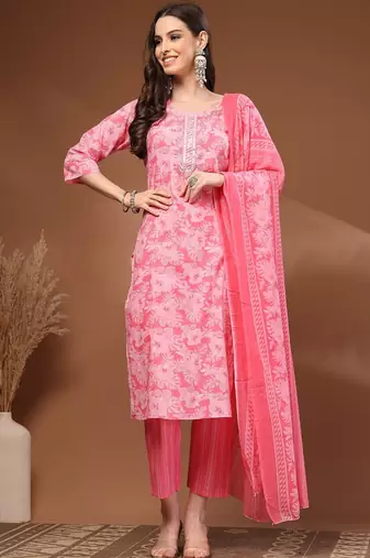 Womens pink self design cotton fabric kurta set 3/4 sleeves round neck