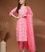 Womens pink self design cotton fabric kurta set 3/4 sleeves round neck