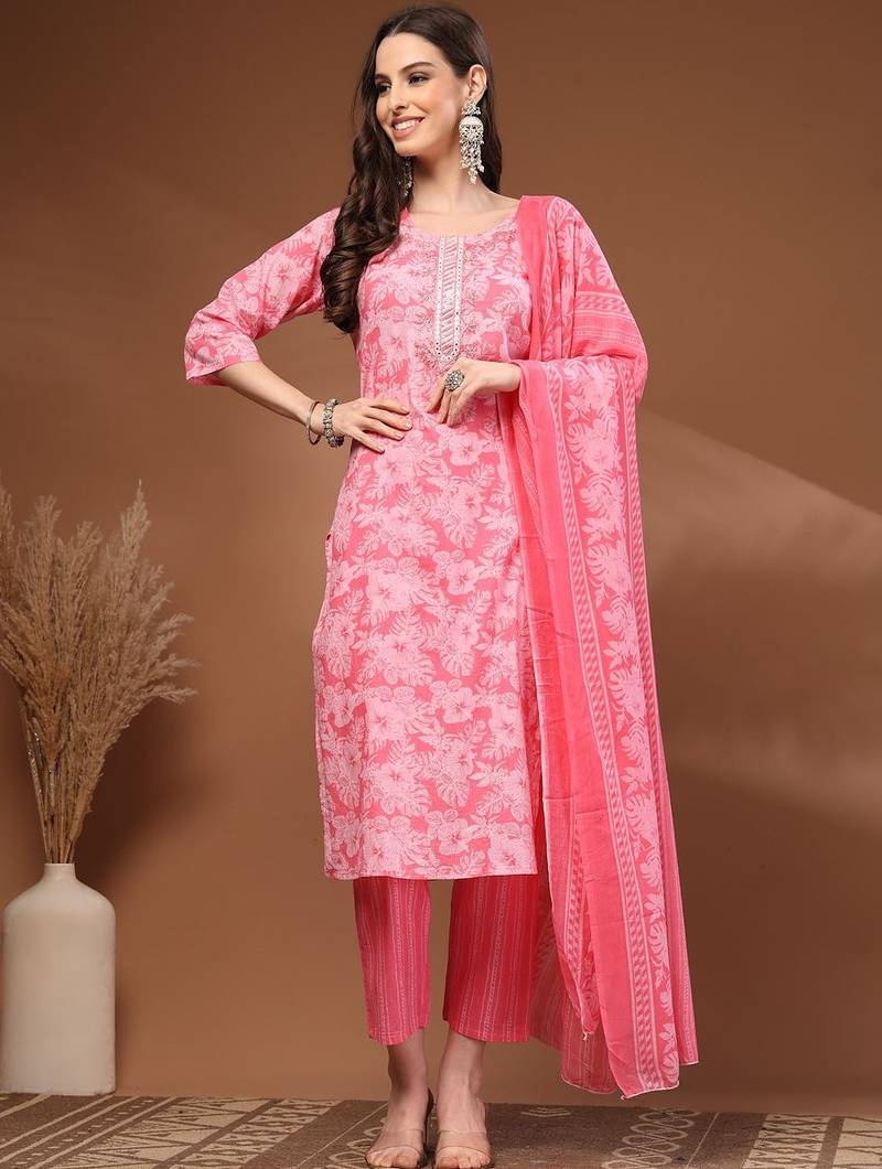 Womens pink self design cotton fabric kurta set 3/4 sleeves round neck