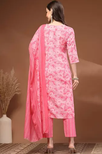 Womens pink self design cotton fabric kurta set 3/4 sleeves round neck