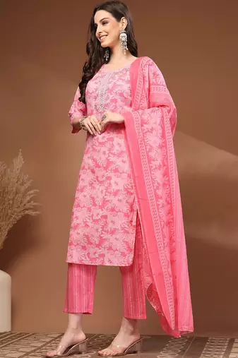 Womens pink self design cotton fabric kurta set 3/4 sleeves round neck