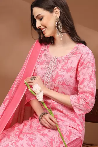 Womens pink self design cotton fabric kurta set 3/4 sleeves round neck