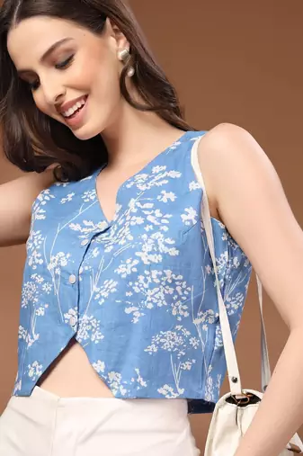 Womens blue self design cotton fabric tops 3/4 sleeves v-neck