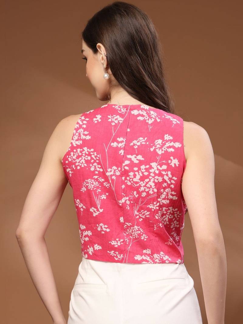 Womens red self design cotton fabric tops 3/4 sleeves v-neck