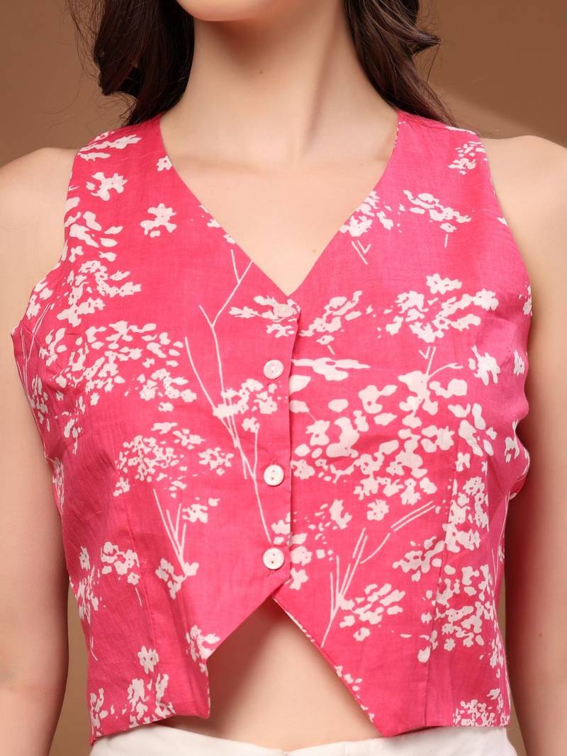 Womens red self design cotton fabric tops 3/4 sleeves v-neck