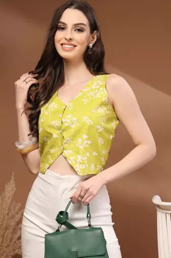 Womens green self design cotton fabric tops 3/4 sleeves v-neck