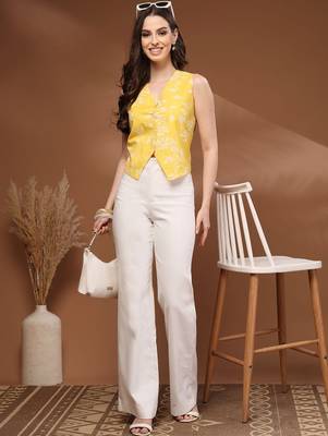 Womens yellow self design cotton fabric tops 3/4 sleeves v-neck 1