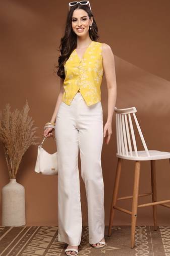 Womens yellow self design cotton fabric tops 3/4 sleeves v-neck