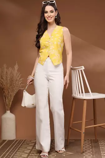 Womens yellow self design cotton fabric tops 3/4 sleeves v-neck