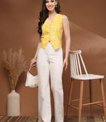 Womens yellow self design cotton fabric tops 3/4 sleeves v-neck