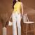Womens yellow self design cotton fabric tops 3/4 sleeves v-neck