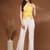 Womens yellow self design cotton fabric tops 3/4 sleeves v-neck