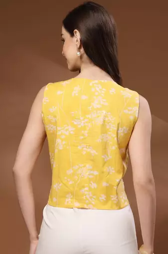 Womens yellow self design cotton fabric tops 3/4 sleeves v-neck