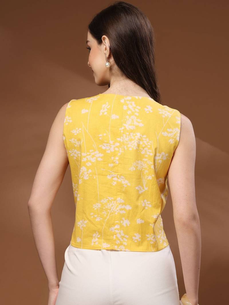 Womens yellow self design cotton fabric tops 3/4 sleeves v-neck