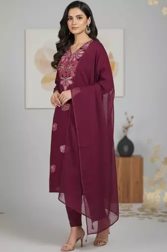 Womens maroon self design cotton fabric kurta set 3/4 sleeves v-neck