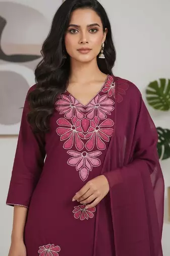 Womens maroon self design cotton fabric kurta set 3/4 sleeves v-neck
