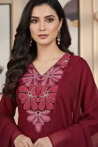Womens maroon self design cotton fabric kurta set 3/4 sleeves v-neck
