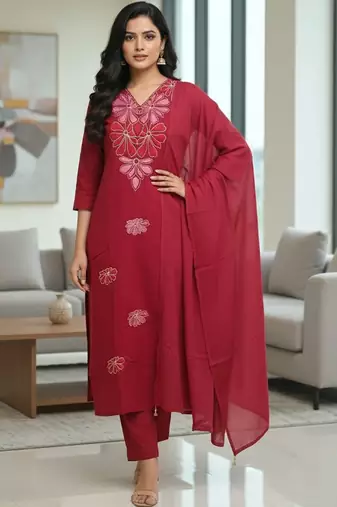 Womens maroon self design cotton fabric kurta set 3/4 sleeves v-neck