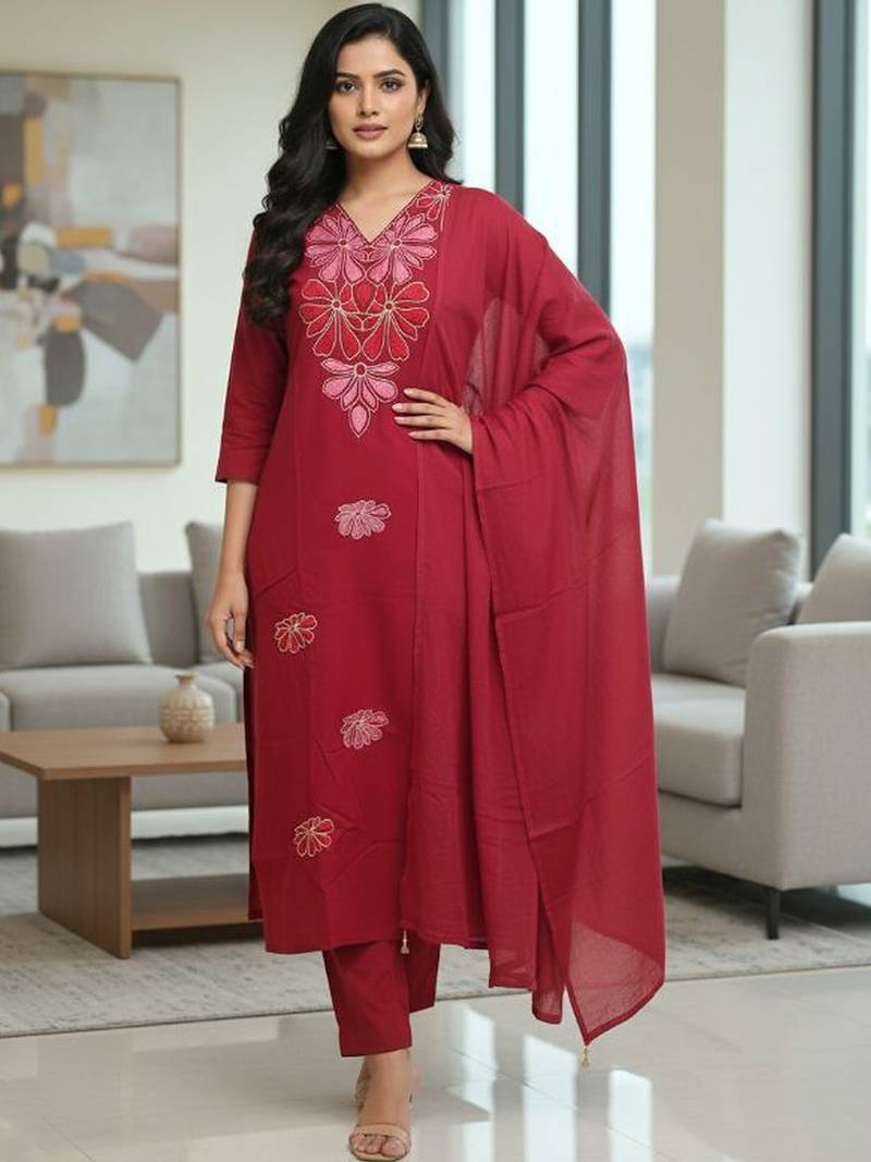 Womens maroon self design cotton fabric kurta set 3/4 sleeves v-neck