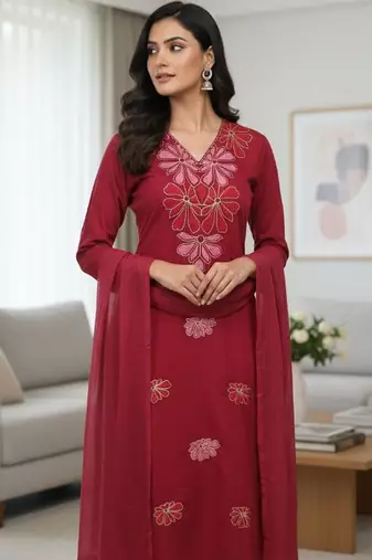 Womens maroon self design cotton fabric kurta set 3/4 sleeves v-neck