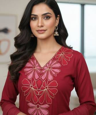 Womens maroon self design cotton fabric kurta set 3/4 sleeves v-neck 3