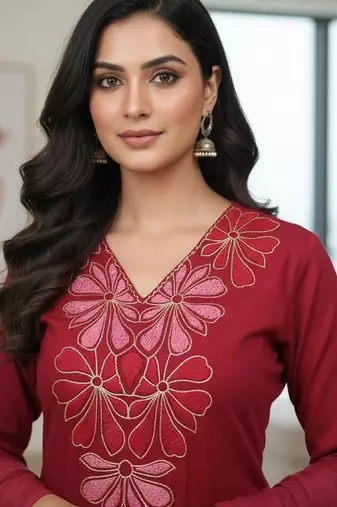 Womens maroon self design cotton fabric kurta set 3/4 sleeves v-neck