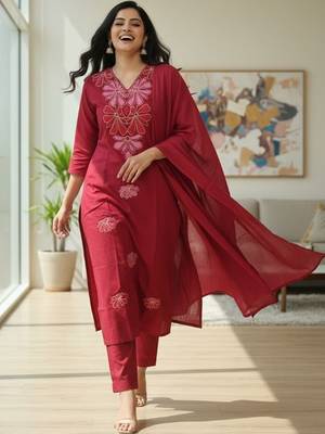 Womens maroon self design cotton fabric kurta set 3/4 sleeves v-neck 4