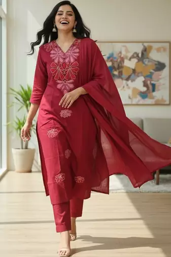 Womens maroon self design cotton fabric kurta set 3/4 sleeves v-neck