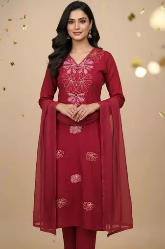 Womens maroon self design cotton fabric kurta set 3/4 sleeves v-neck