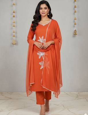 Womens orange self design cotton fabric kurta set 3/4 sleeves round neck 2