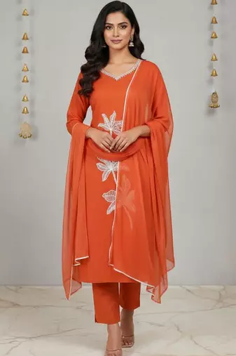 Womens orange self design cotton fabric kurta set 3/4 sleeves round neck