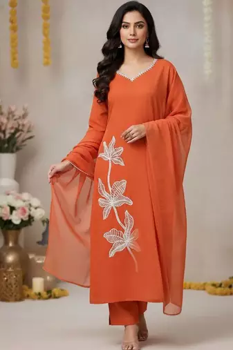 Womens orange self design cotton fabric kurta set 3/4 sleeves round neck