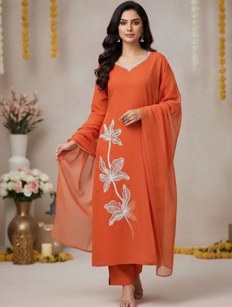 Womens orange self design cotton fabric kurta set 3/4 sleeves round neck