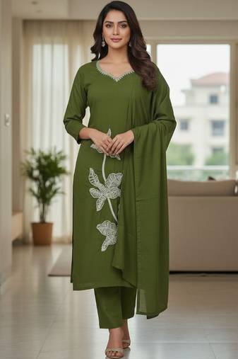 Womens olive self design cotton fabric kurta set 3/4 sleeves round neck