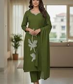 Womens olive self design cotton fabric kurta set 3/4 sleeves round neck