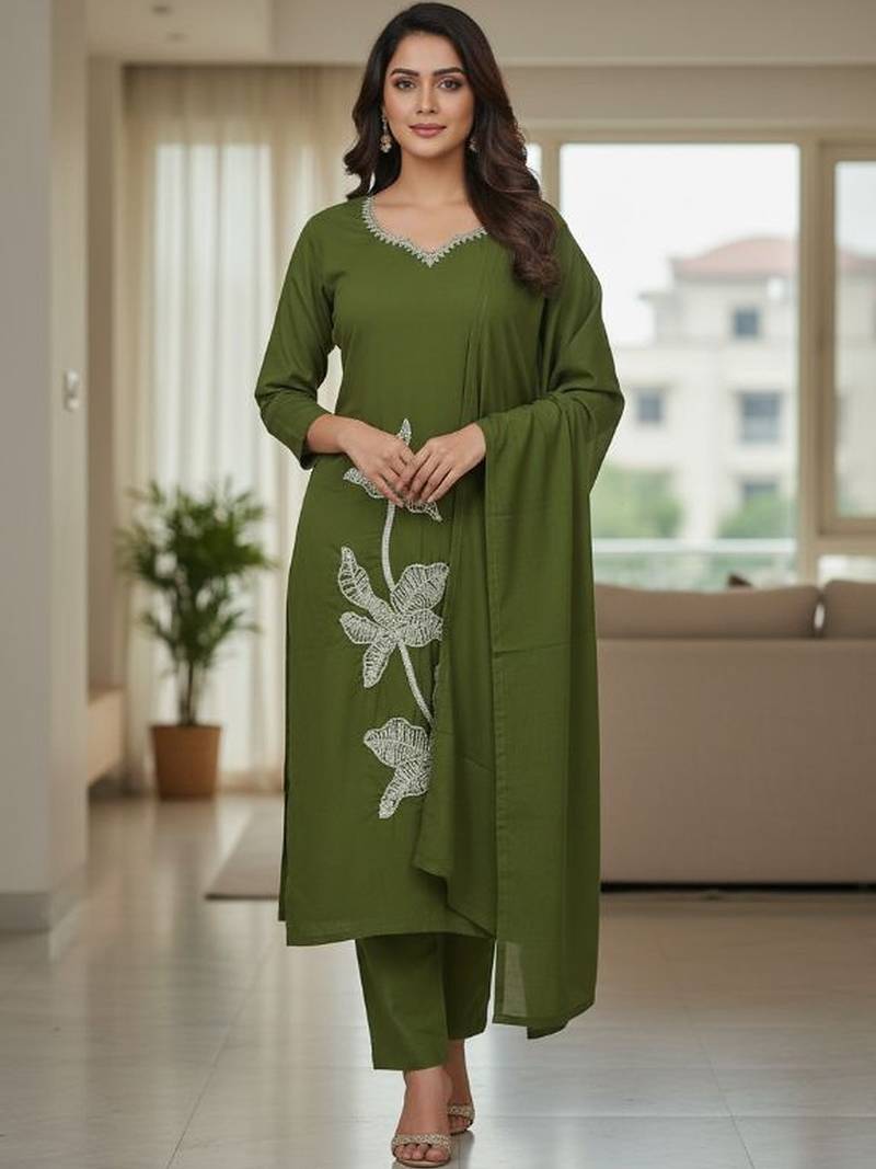 Womens olive self design cotton fabric kurta set 3/4 sleeves round neck