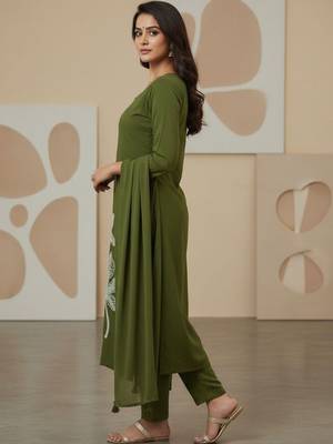 Womens olive self design cotton fabric kurta set 3/4 sleeves round neck 2