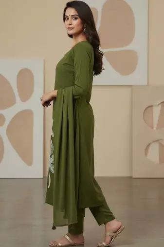 Womens olive self design cotton fabric kurta set 3/4 sleeves round neck